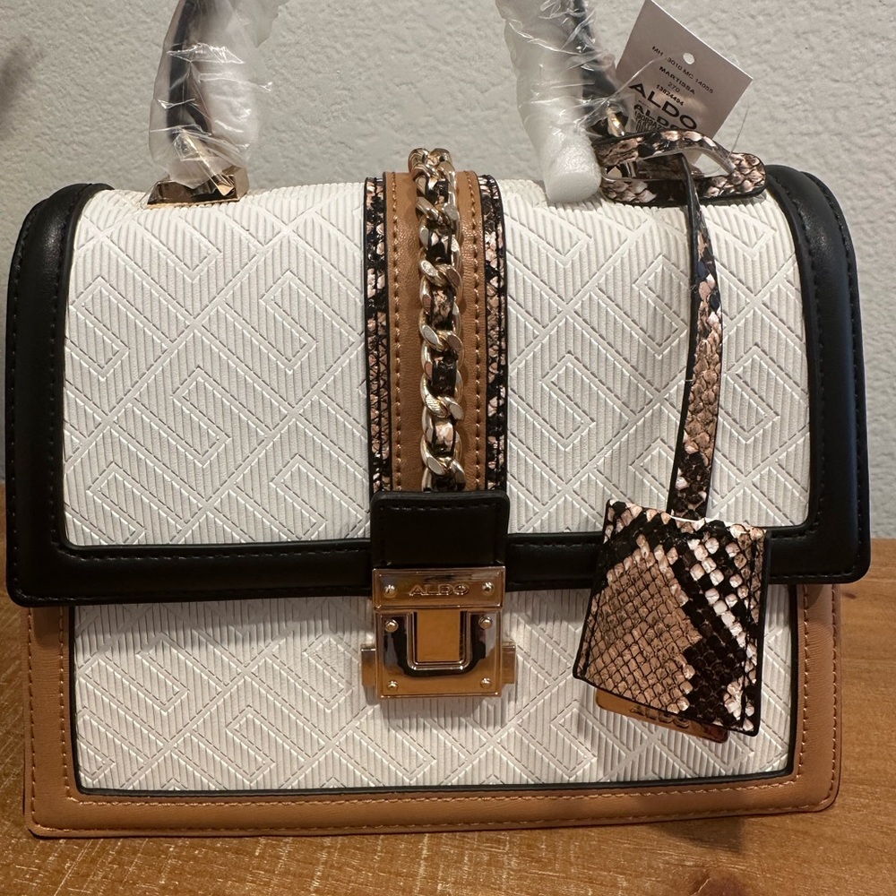 NWT Aldo Black, White, and Tan faux snakeskin design Satchel